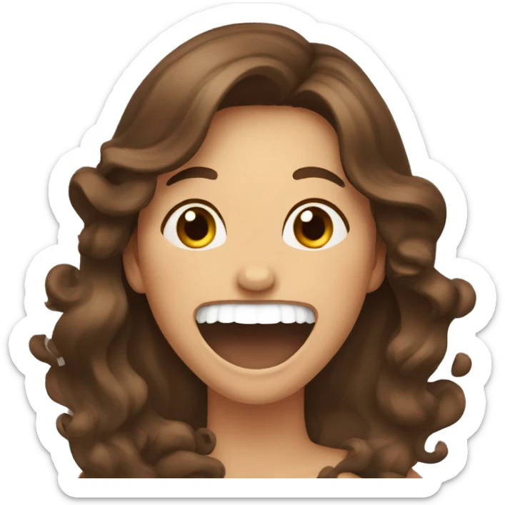 Brown hair woman with long wavy hair laughing while covering her mouth  sticker