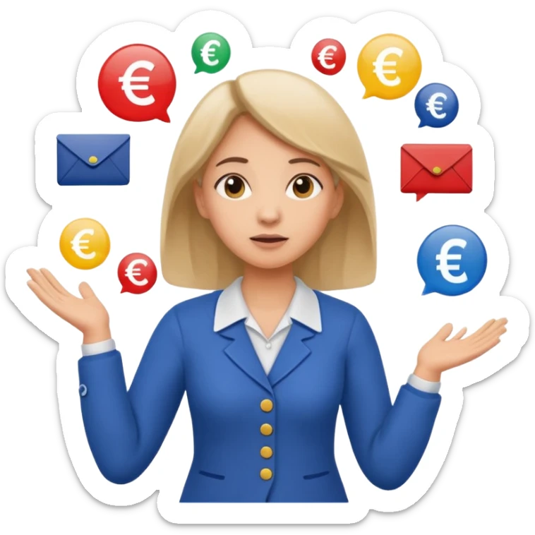 A confused female kindergardenteacher shrugging shoulders with euro symbols and documents floating around. sticker