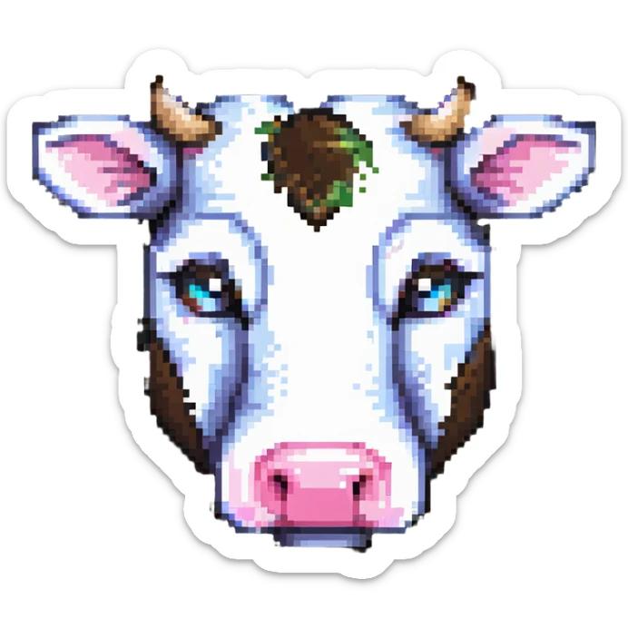ultra-minimal blocky Minecraft cow head emoji with one large colorful square pixel, extremely simple, abstract, playful, childlike sticker
