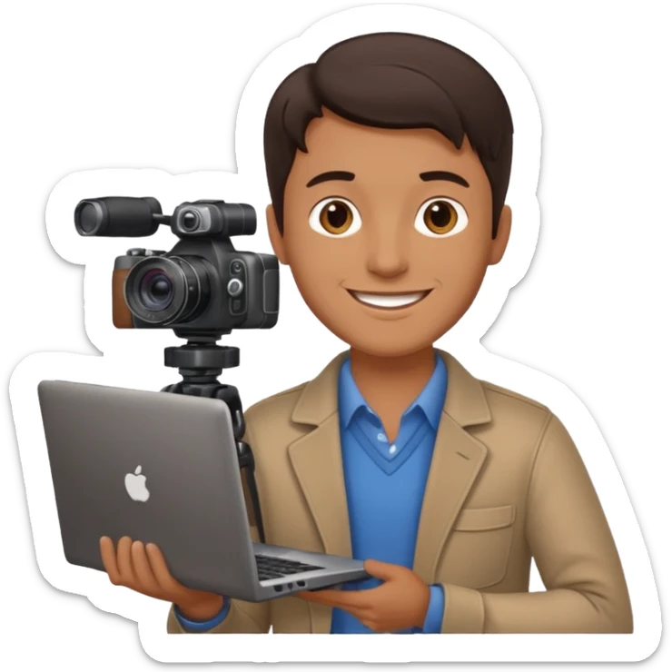 man's head with dark brown hair, holding a laptop and a camera, happy positive professional smile and expression sticker