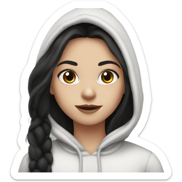 White skinned girl with long dark hair and hazel eyes and black fur hood sticker