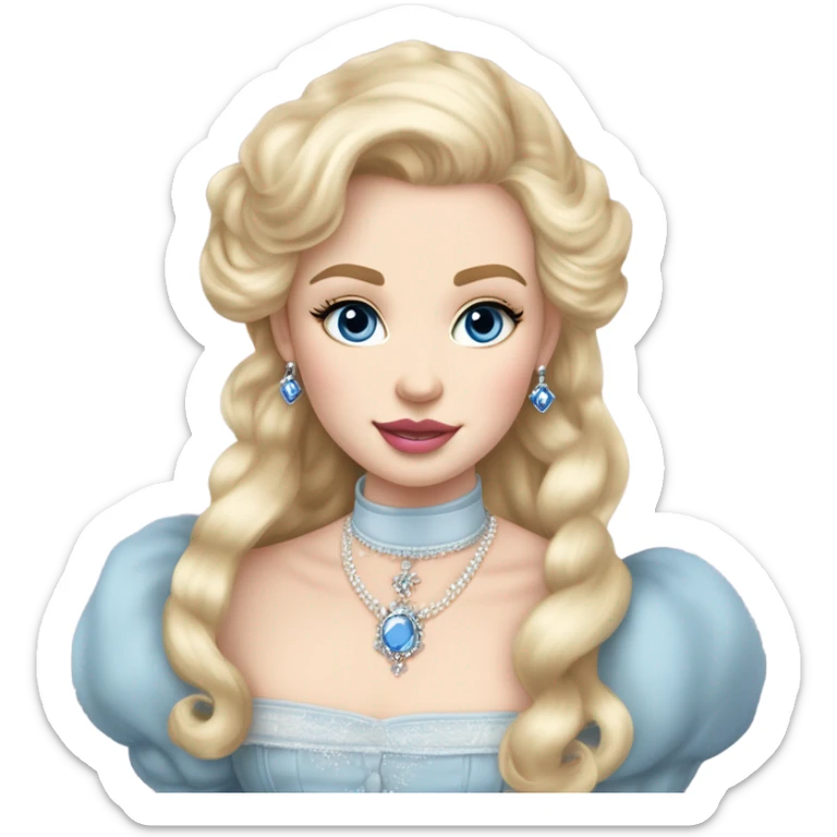 girl with blonde hair pale skin blue eyes. Pink lips blush Smokey eye (but not too much). Vintage blowout with long hair not too curly but still.  princess dress, puffed sleeves and the choker necklace (think Versailles but not too much). sticker