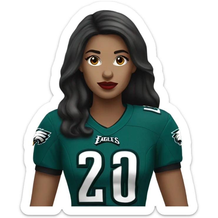 White female long dark hair red lips wearing Philadelphia Eagles jersey sticker