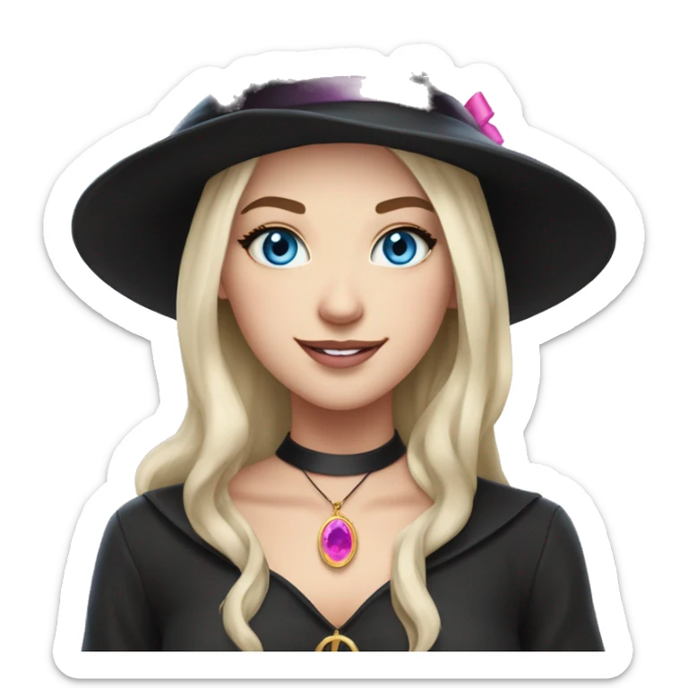 Witchy brunette haired blue eyed white girl with a witty smile a gold necklace and a black witch hat with a pink bow sticker