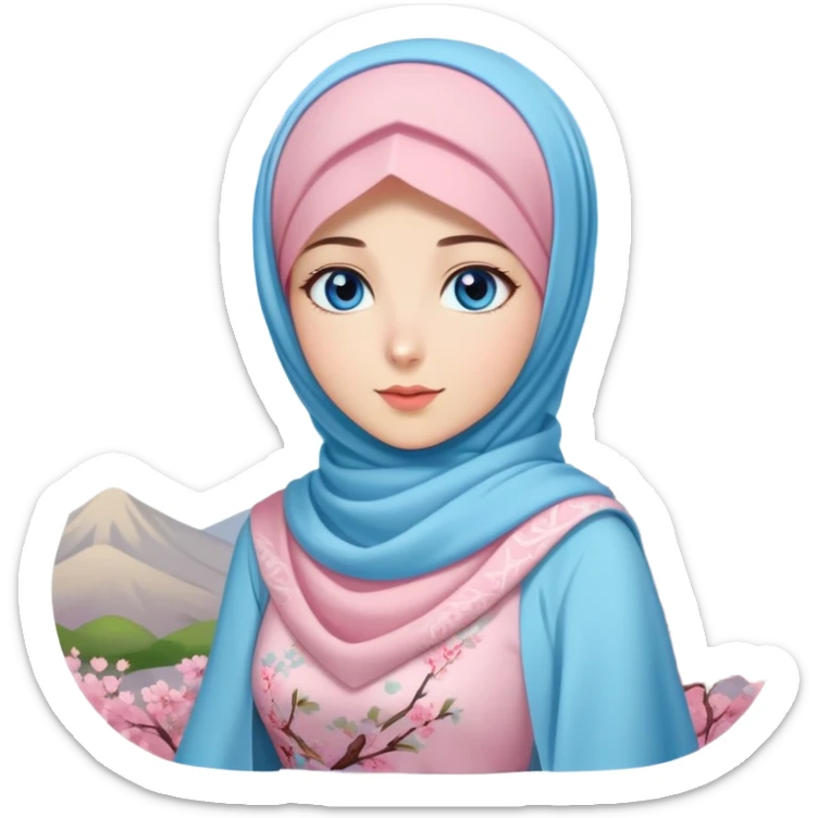 Turkish beautiful finish Konya girls blue eyes with lovely cherry blossom hijab long tail dress and blue sky background  sticker