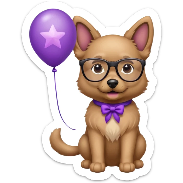 dog holding purple star balloon in hand with black glasses close view  sticker