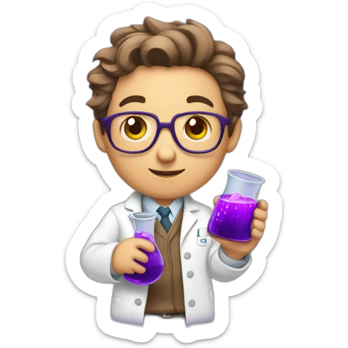 Cute middle aged cub scientist holding a flask of purple liquids sticker