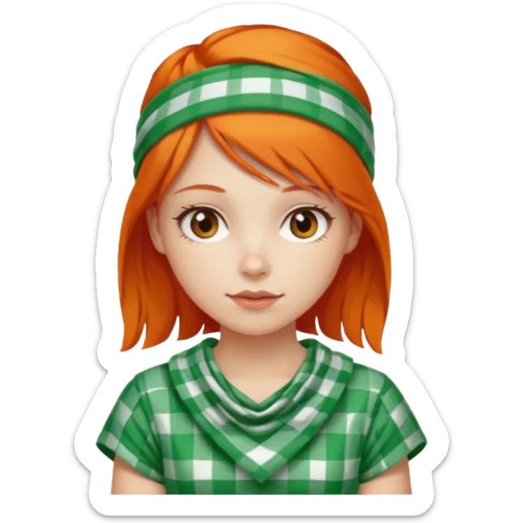 girl orange hair, wear red and white checkered bandana, green dress sticker