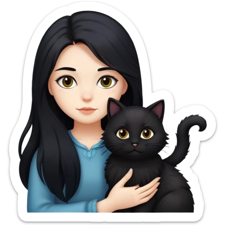 a girl with long black hair and black furry cat sticker