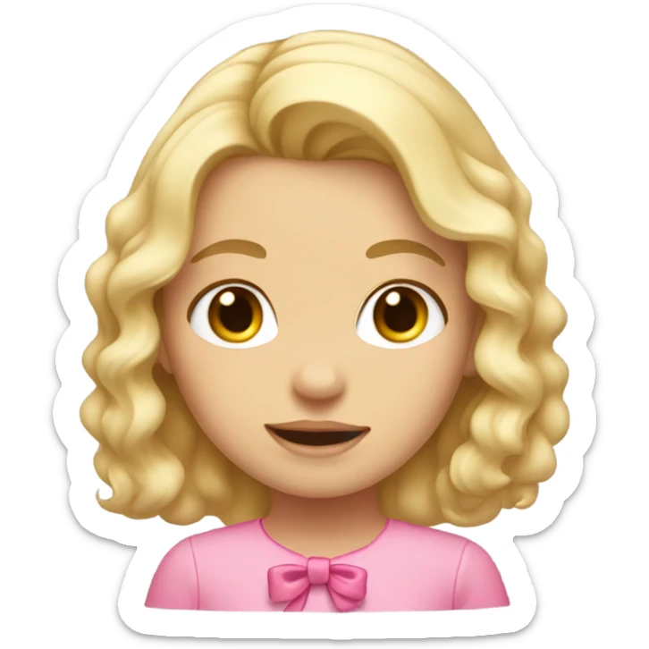 girl with blonde hair, wavy layered hair, pink bow in hair, pink shirt on sticker
