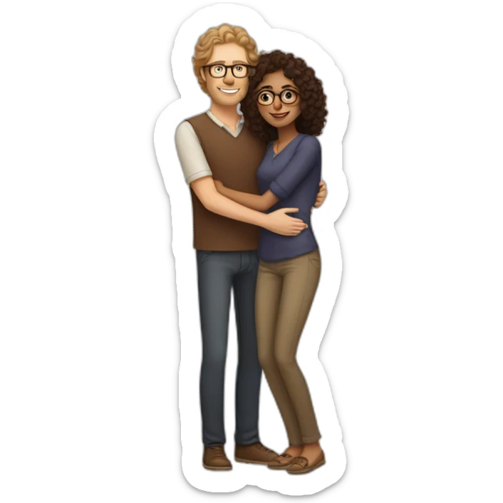 Tall white man with brown hair and glasses hugging an Indian woman with curly hair sticker