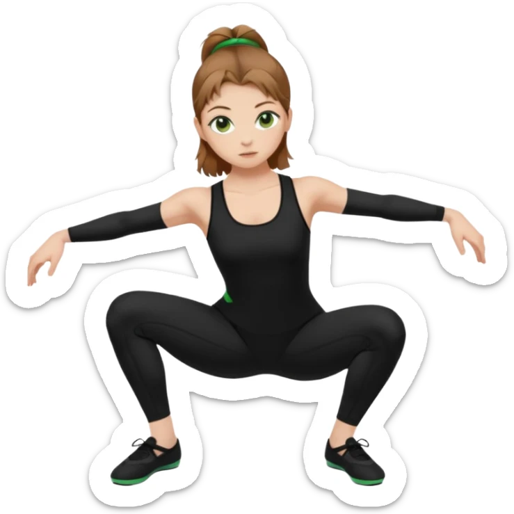 Beautiful woman with light brown shoulder length hair popping a squat without any weights. Make her with a little lighter, brown hair and green eyes. Make her fair skinned and wearing a black workout suit. make her wearing black ballet flats. sticker