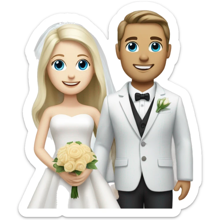 Wedding couple, groom white skin with dark brown hair and brown eyes, bright with white skin blonde hair and blue eyes sticker
