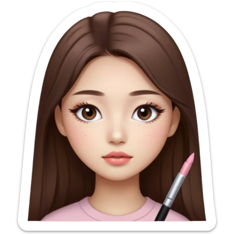 “korean straight long brown hair Emoji girl, soft eyeliner and blush, gradient lips, light brown shimmer eyeshadow sticker