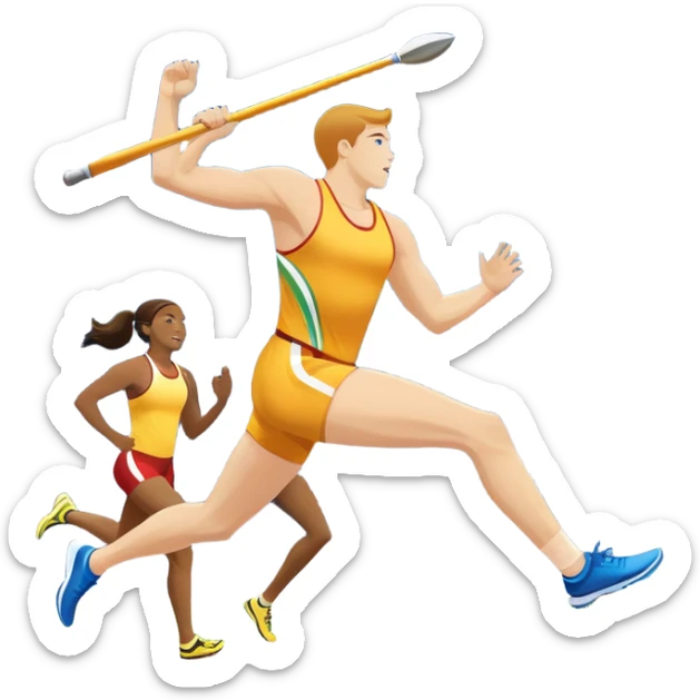 An icon featuring a collage of track and field equipment: a javelin, shot put, discus, high jump bar, and running shoes. The background shows a lively stadium with cheering fans, bright lights, and a clear sky, symbolizing the diversity of athletics. Transparent background emphasizes the sport. sticker
