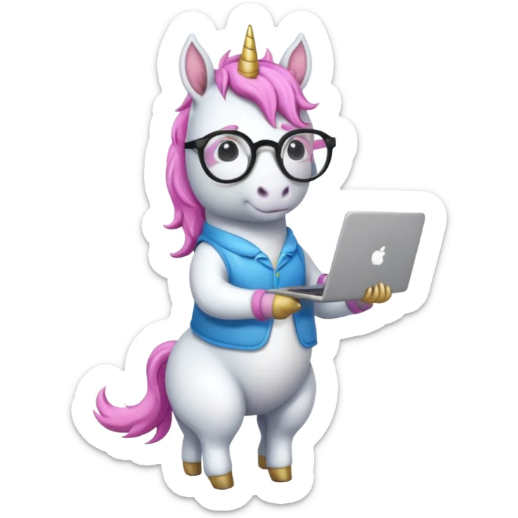 Unicorns holding laptop book
A full body of scholar unicorn wearing round glasses, holding a laptop. sticker