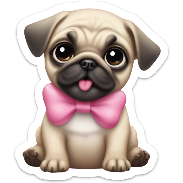 Baby pug with big pink
eyes wearing a pink bow on her head and a daisy in her mouth  sticker
