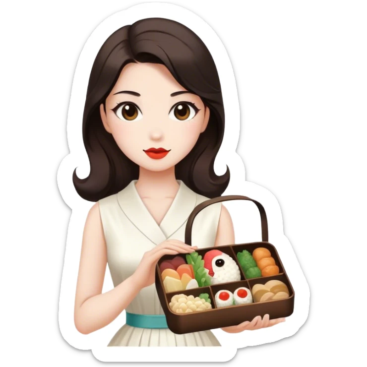 Beautiful woman in 1950’s woman fashion look, white dress, long dark brown hair, Japanese bento sticker