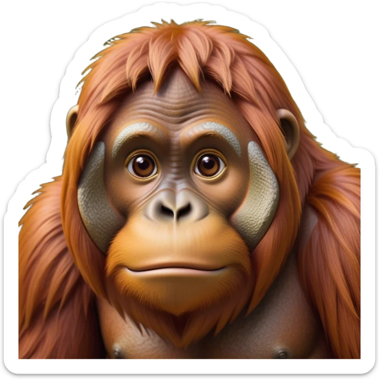 Cinematic Noble Orangutan Portrait Emoji, Poised and regal, with a robust, thoughtful build and deep, soulful eyes framed by rich, textured fur, Simplified yet sharp and sophisticated features, highly detailed, glowing with a soft, earthy glow, high shine, intelligent and contemplative, stylized with an air of ancient wisdom, focused and commanding, soft glowing outline, capturing the essence of a watchful and confident guardian that appears ready to step out of the screen with timeless authority! sticker