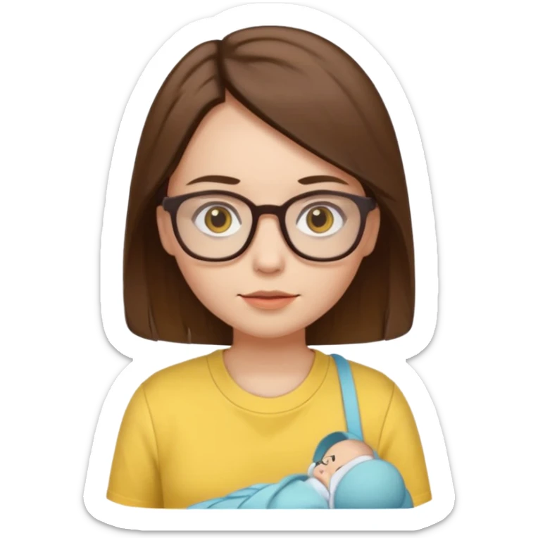 female with white skin. Shoulder length straight brown hair. Brown eyes with glasses. Female wearing baby yellow shirt. sticker