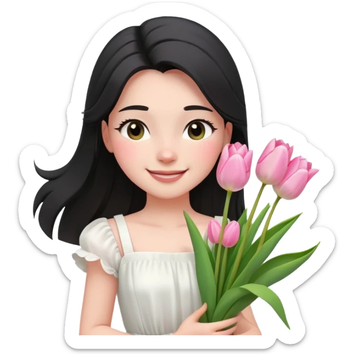  A girl Squint your eyes and smile with a black half-up half-down hairstyle, and a white dress, enjoying the spring breeze.Holding a bundle of pink tulips sticker