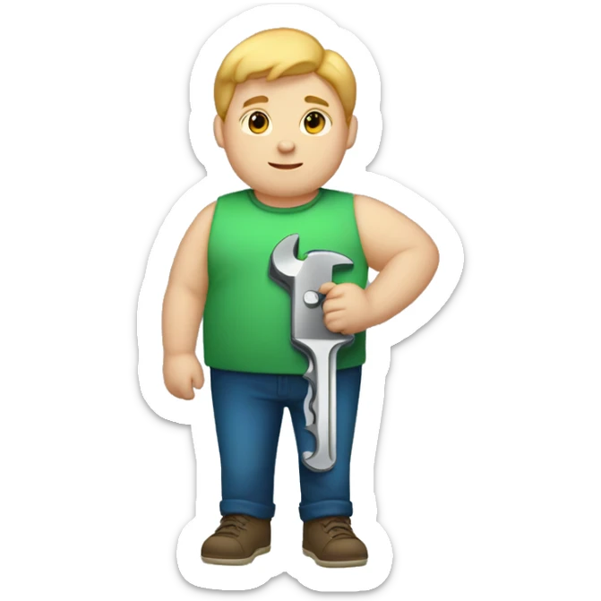 fat teen boy with light skin, dark eyes, light hair, holding a wrench sticker
