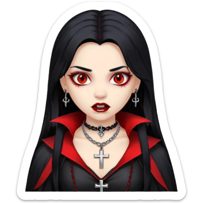 a girl with a very light skin,red eyes,fangs like vampire,black hair with red mesh,with goth clothes and a chain with a cross on it sticker
