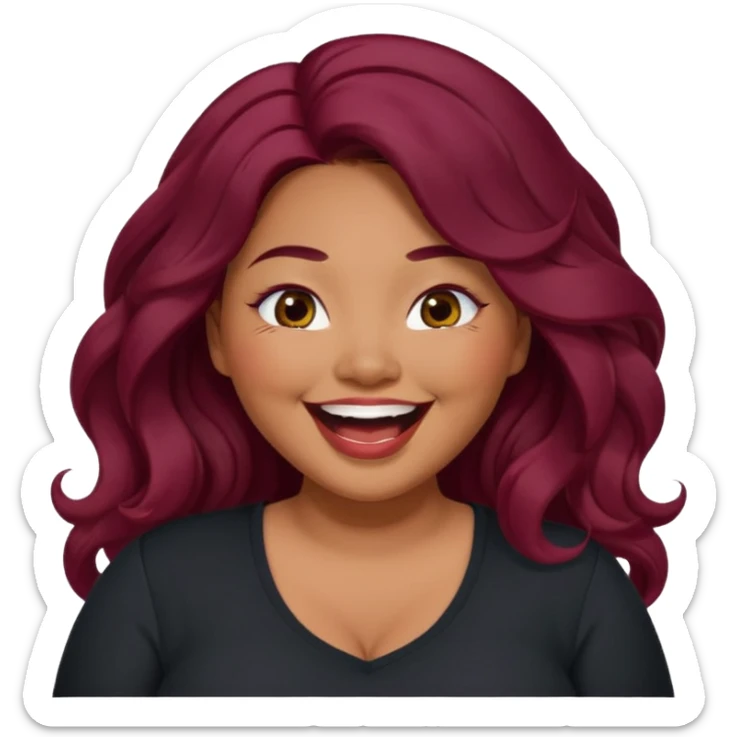 Plus size red hair brown face small eyes long hair Asian eyes small eyes wavy hair eye lashes burgundy hair black shirt laughing  sticker