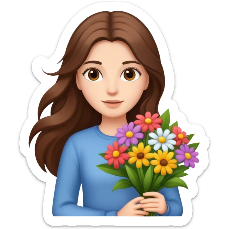 A cool girl with long brown hair and fair skin holding a bouquet of flowers sticker