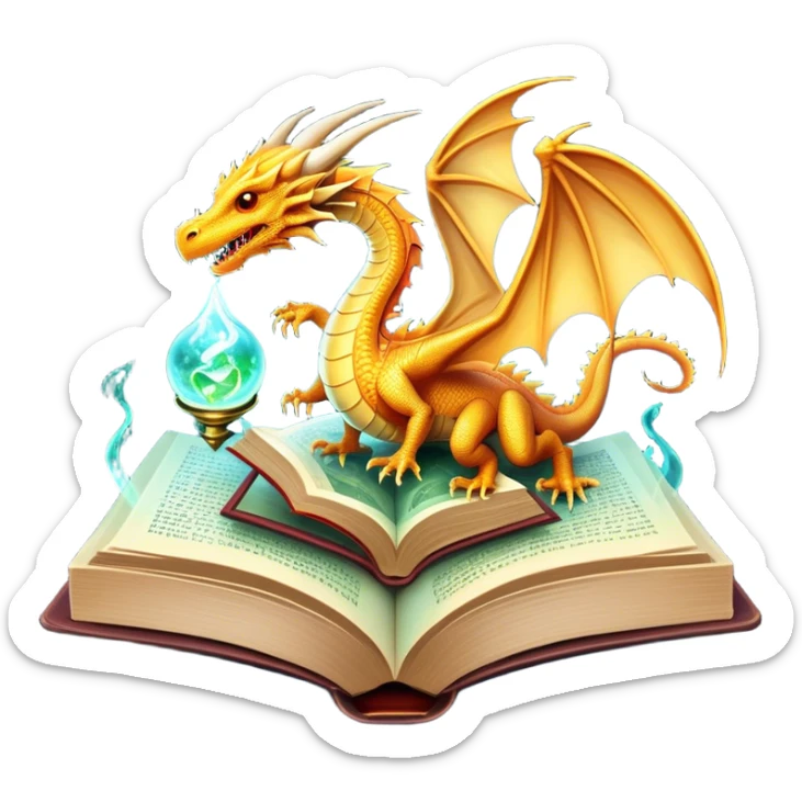 Icon for Fantasy and Sci-Fi Literature: a magical book with glowing pages, surrounded by a dragon, a spaceship, and a wizard with a staff. The icon should capture the adventurous and imaginative world of fantasy and science fiction. Transparent background. sticker