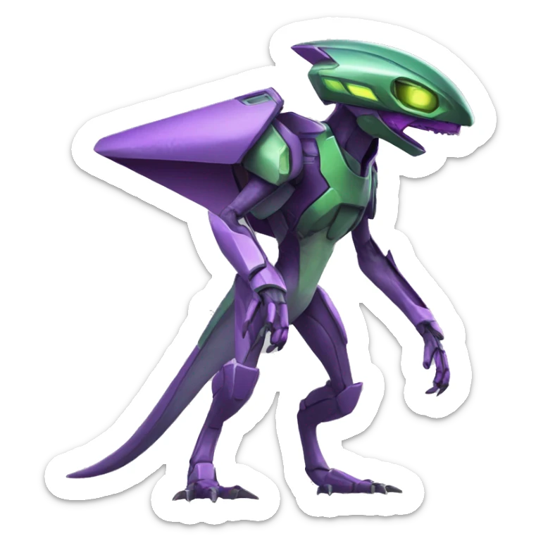 a purple-green Genesect-Raptor-Fakémon—hybrid with a futuristic visor-helmet full body sticker