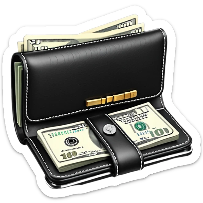 Rich emoji style black leather wallet with dollar bills, luxury money vibe, premium 3D emoji, ultra clean, high detail, no background sticker