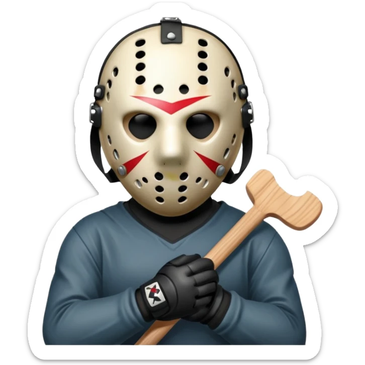 a cartoon image of Jason Voorhees, looking cute, with his hands clasped in front of him, at a sideways angle sticker