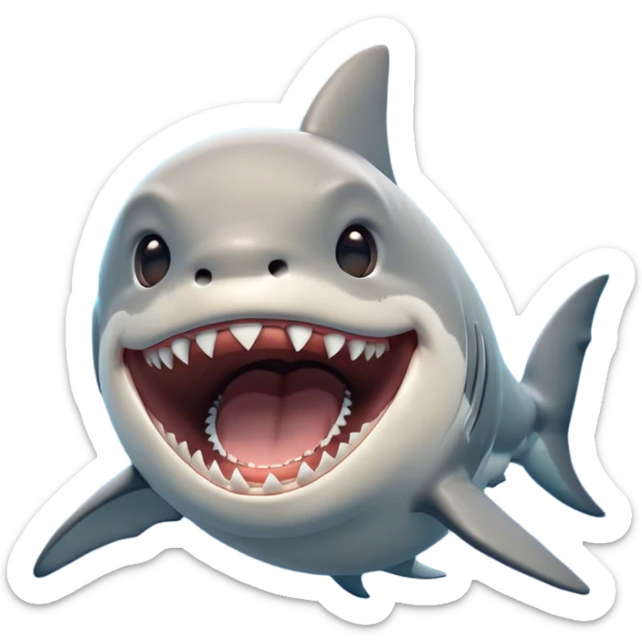 Cinematic Cute Yawning Great White Shark Portrait Emoji, Head tilted slightly with a dramatic, wide-open yawn, showcasing its robust, streamlined form with a slightly open mouth revealing powerful jaws and sleepy, half-closed eyes, Simplified yet irresistibly adorable features, highly detailed, glowing with a soft, cozy oceanic glow, high shine, relaxed yet expressive, stylized with a hint of whimsical aquatic ease, soft glowing outline, capturing the essence of a drowsy yet affectionate great white shark that appears ready to stretch and yawn its way out of the screen! sticker