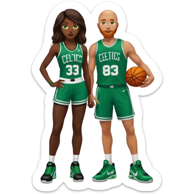 48-year-old dark skin black woman with brown eyes, long dark brown hair dressed in sexy 
celtics jersey costume outfit & stilettos. A bald white man with ginger beard. he has blue/green  eyes, wearing a Jason Tatum Boston Celtics Jersey, matching Nike sneakers  sticker