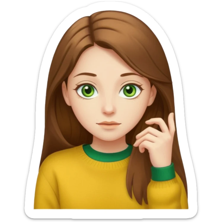 please create an emoji of a semi pale girl with long brown hair, green eyes, wearing a yellow sweater sticker