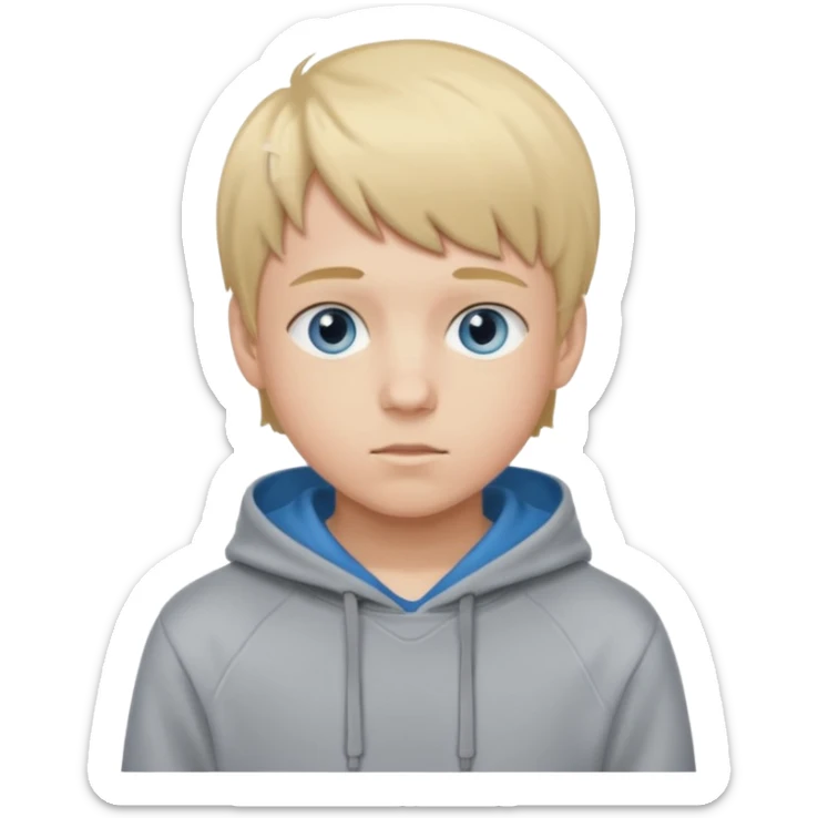 Teen boy with blue eyes and a Grey hoodie who stands up with blond short hair and short bangs sticker