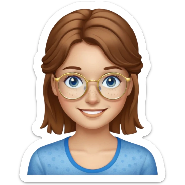 Girl with light skin, brown hair, blue eyes, freckles, and gold glasses smiling sticker
