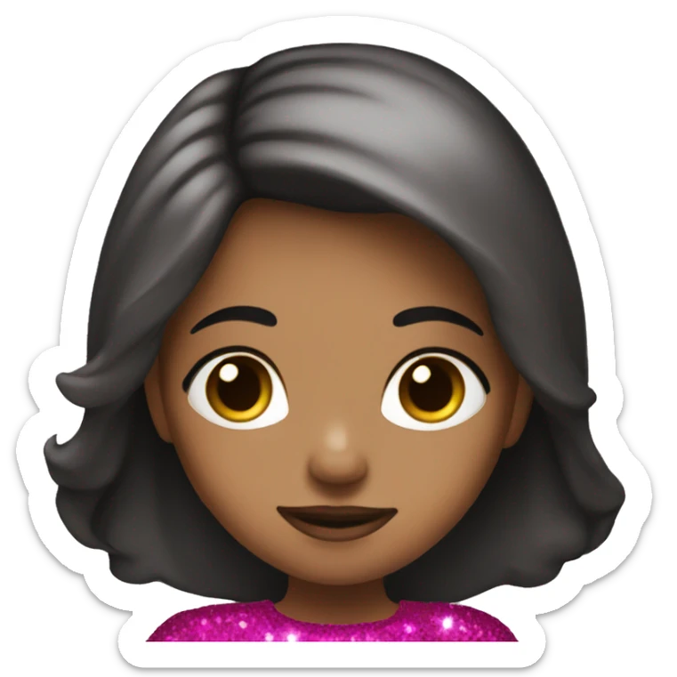 A girl with long hair black,fucsia dress,brown eyes,glitter sticker