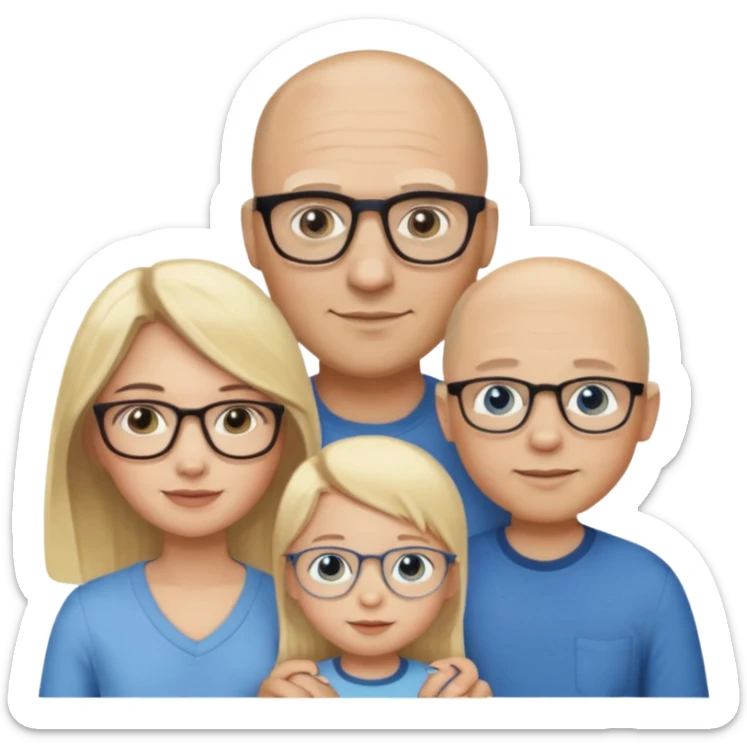 Eigene Familienbild mit 3 Personen; Mutter dunkle Augen und dunkle lange Haare mit Brille; Vater mit Vollglatze und Blaue Auge und ohne Brille;  kleinkind mit blonden Haaren und dunklen Augen und ohne Brille sticker