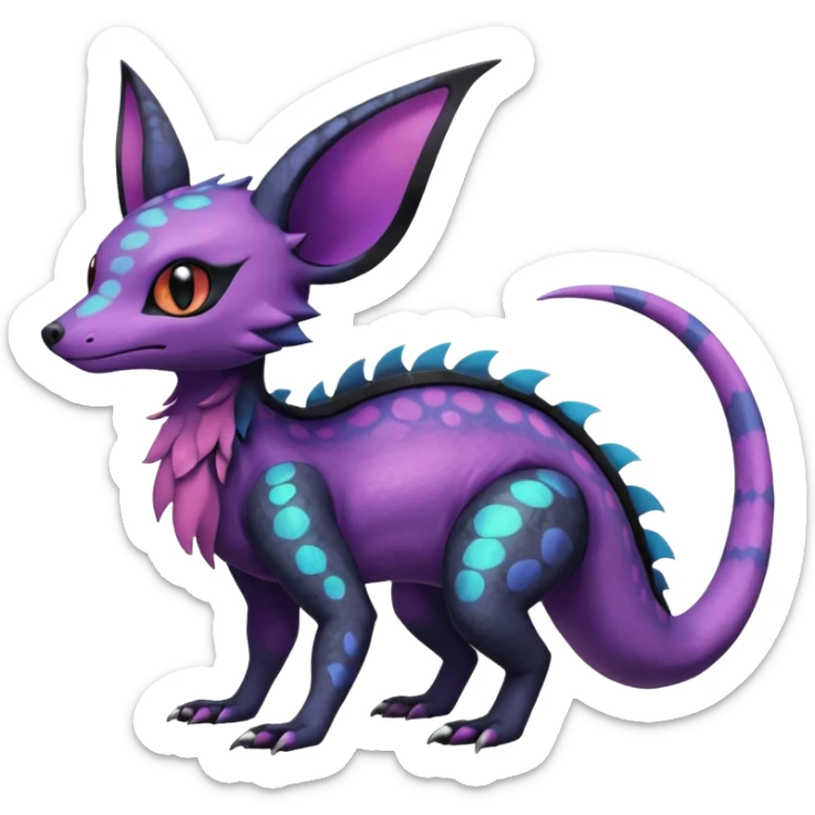 Rare epic aesthetic iridescent spooky gloomy colorful Salandit-Noibat-Eevee-Genet-species-Fakemon-hybrid-creature, with markings, full body sticker