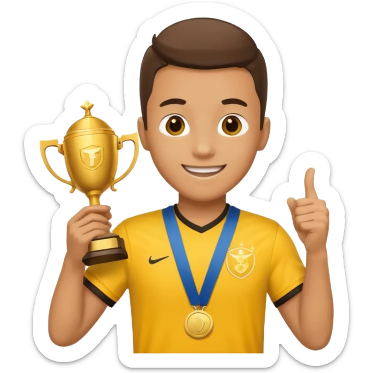 happy soccer player with a first-place medal and a trophy in yellow t-shirts sticker