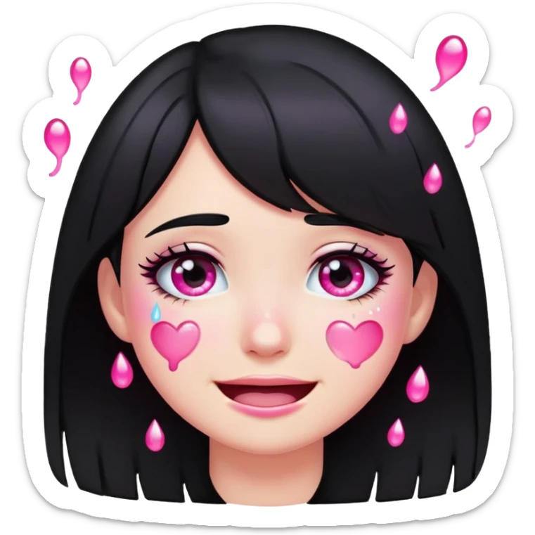 black hair girl crying with pink glitter tears, smiling, emoji style sticker