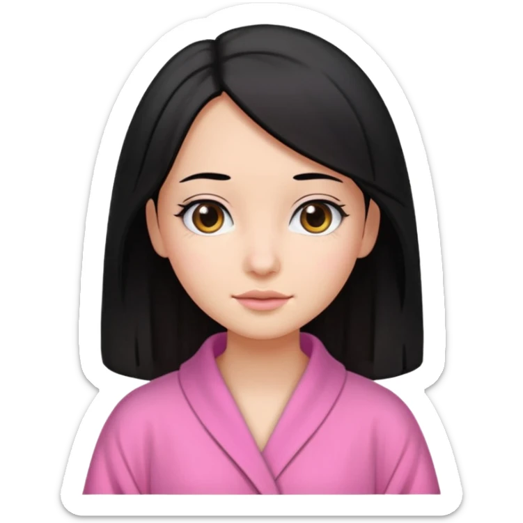 A girl who has black hair (straight but slightly wavy at the end), has a medium to bright skin tone, wearing a pink robe sticker