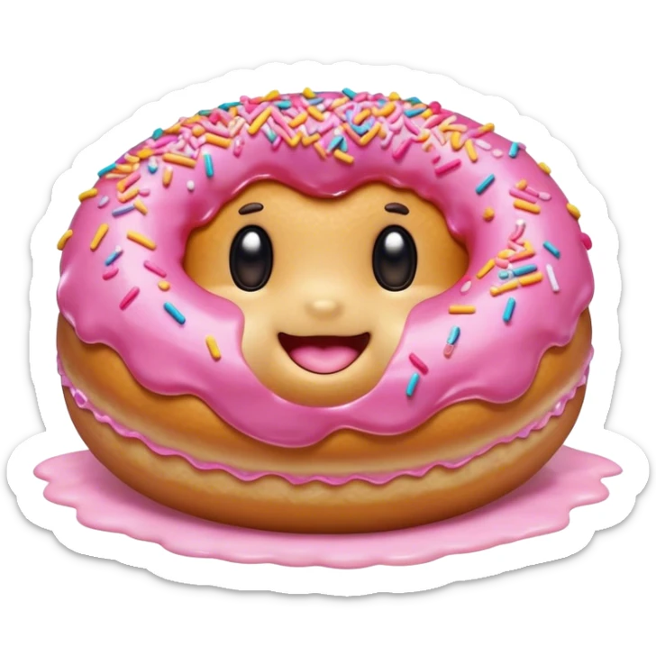 Cinematic tiny happy donut, round and fluffy, golden brown with pink icing and sprinkles, tiny adorable face with blushing cheeks, warm glowing background. sticker