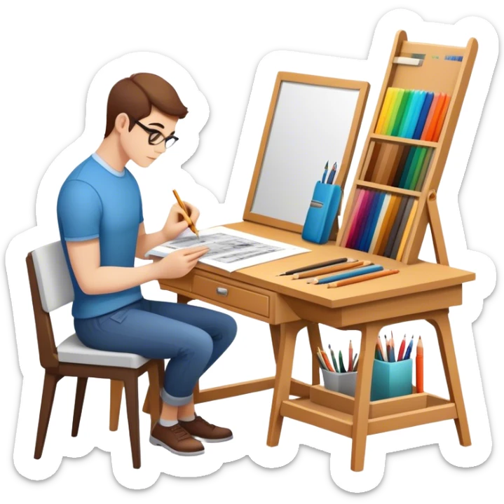 Icon for Furniture Design: a workspace with a designer sketching a piece of furniture, surrounded by design tools like a ruler, pencil, fabric swatches, and a 3D model of the furniture. The icon should represent the design process and creativity in furniture making. Transparent background. sticker