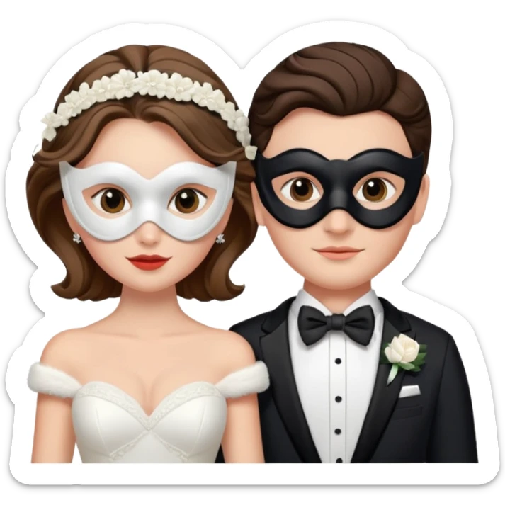 a recently marries couple skiing, masks on in wedding dress and tux sticker