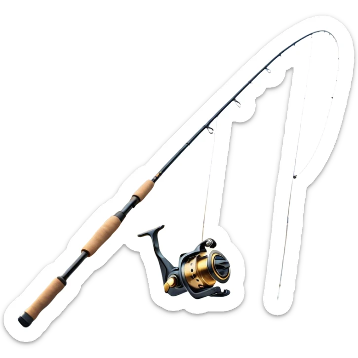 Cinematic Realistic Fishing Rod, sleek graphite rod with a smooth, polished reel, thin line disappearing into a shimmering lake, warm golden sunlight reflecting off the water, glowing with a tranquil and adventurous aura. sticker