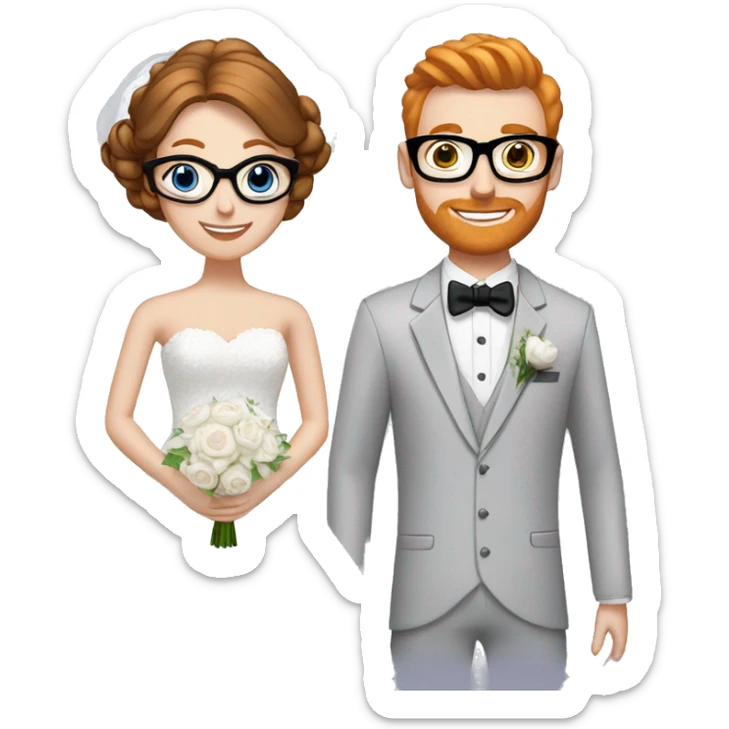 A bride and groom. Bride has brown hair in a bun, blue eyes, wears a lace dress. Groom has ginger hair, wears black glasses sticker