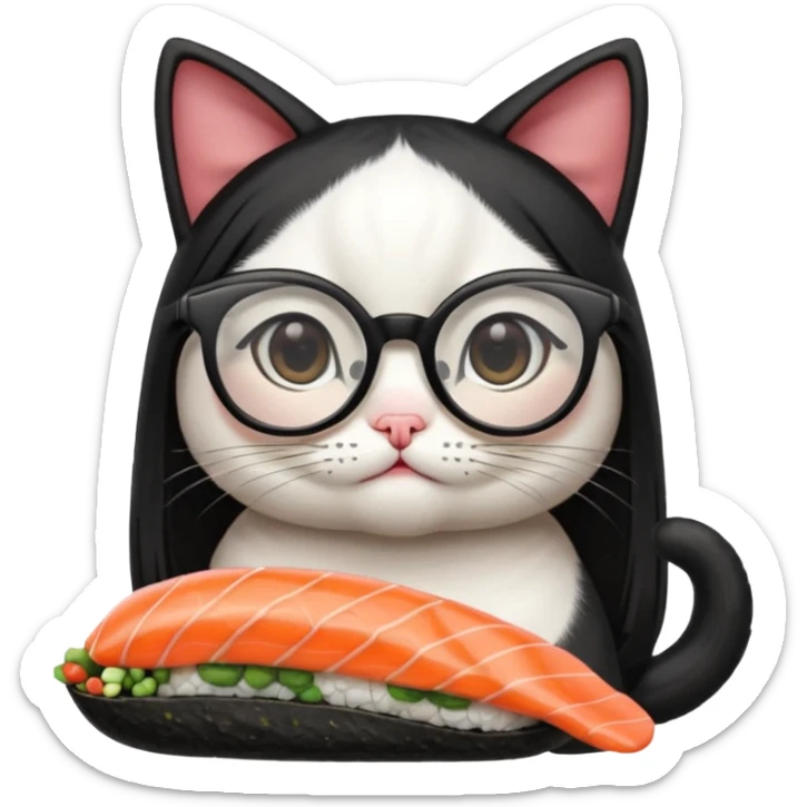 cute girl cat with long straight hair and really big square glasses with super thin frames eating sushi sticker